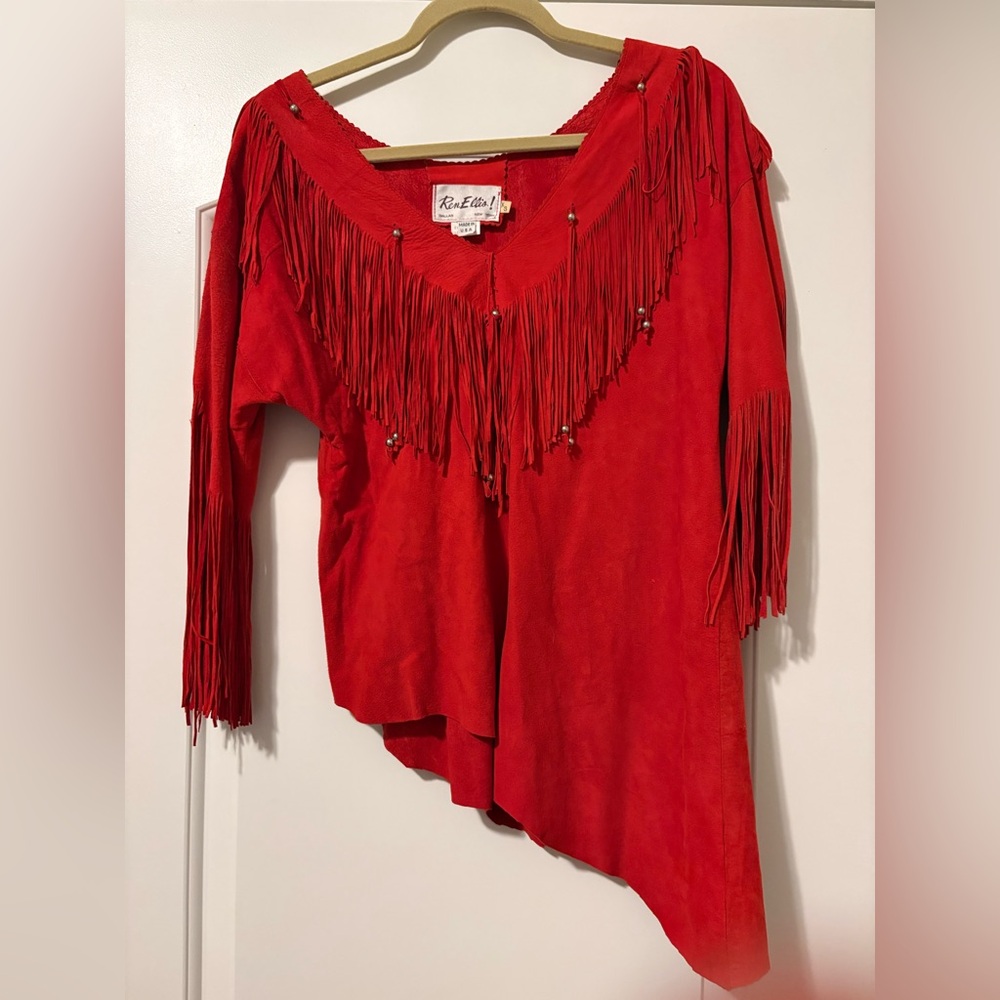 Vintage Ren Ellis Top Leather Lamb Suede Fringe Beads Size XS Red